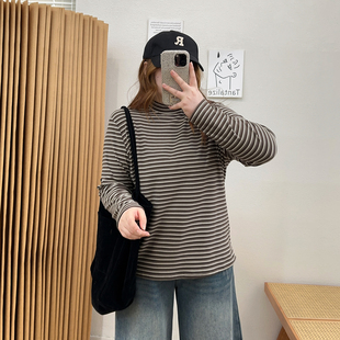 正肩T恤秋冬上衣长袖 胖MM半高领条纹内搭打底衫 外穿 女装 宛宛大码