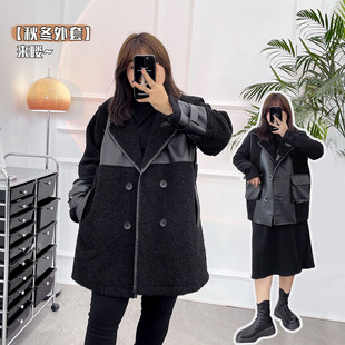 胖MM显瘦加绒加厚羊羔绒连帽中长款 大码 PU皮外套女 新款 2022秋冬季