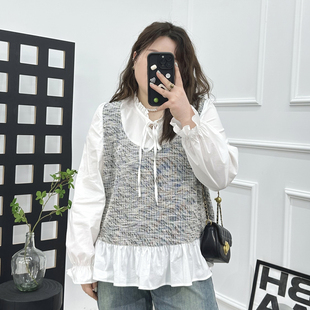 胖mm遮肚子内搭打底衫 宛宛大码 女春秋季 假两件针织衫 上衣 花边衬衫