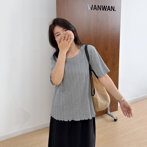 宛宛大码女装正肩短袖针织t恤女夏季胖mm撞色提花慵懒风宽松上衣