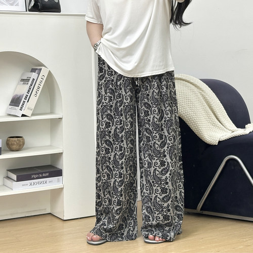 宛宛大码女装胖MM灰色印花阔腿裤女夏新款季宽松显瘦百搭休闲长裤
