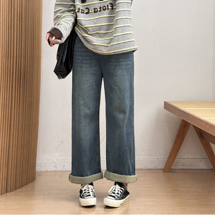 牛仔裤 宛宛大码 胖mm宽松显瘦厚冬季 抓绒加厚直筒老爹直筒裤 子 女装