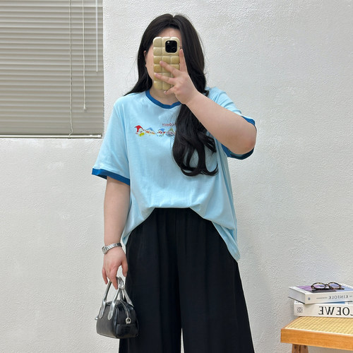 宛宛大码女装胖MM拼色边T恤夏季新款短袖显瘦遮肉设计感休闲潮款