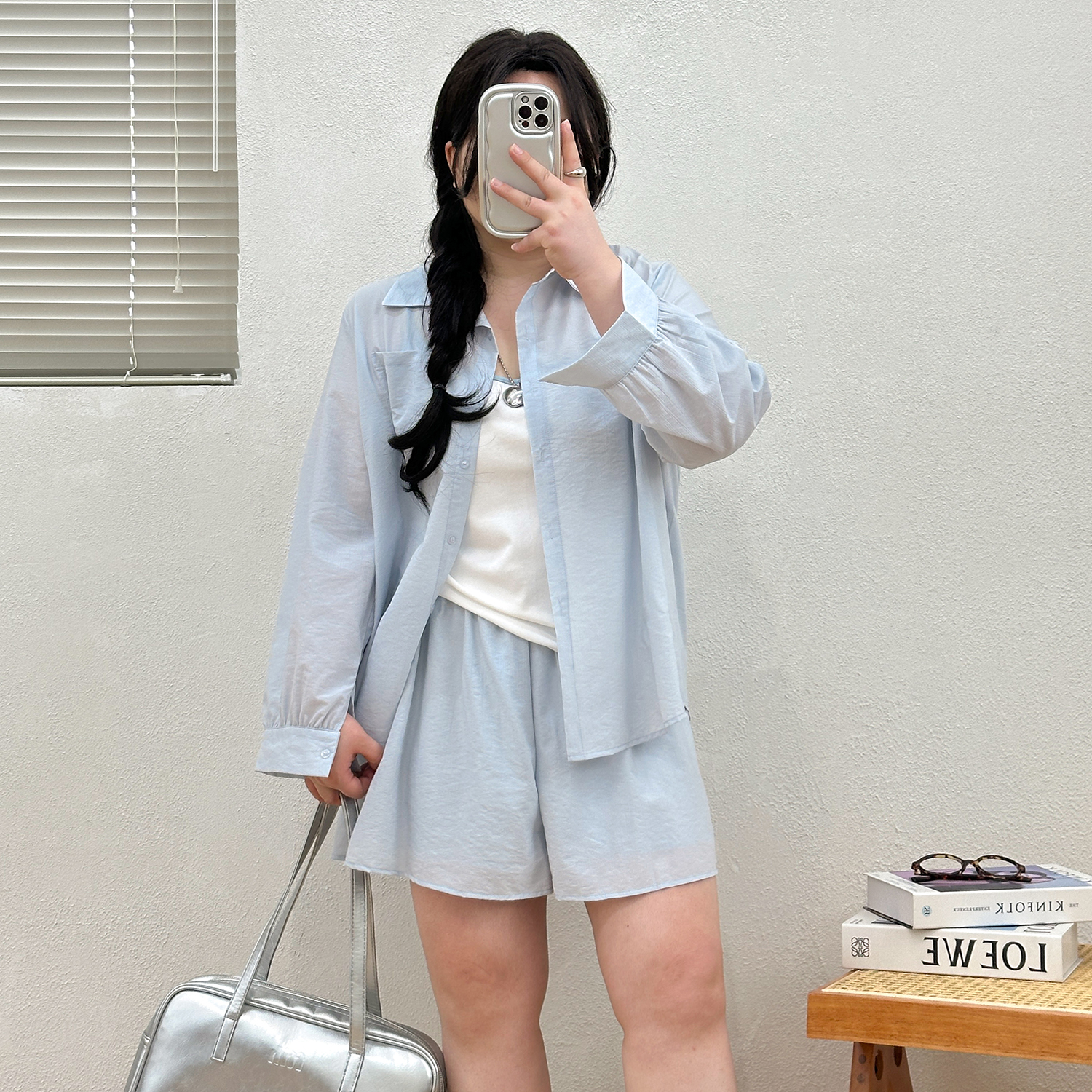 宛宛大码胖MM三件套女夏季衬衫吊带短裤套装显瘦遮肉度假风百搭潮