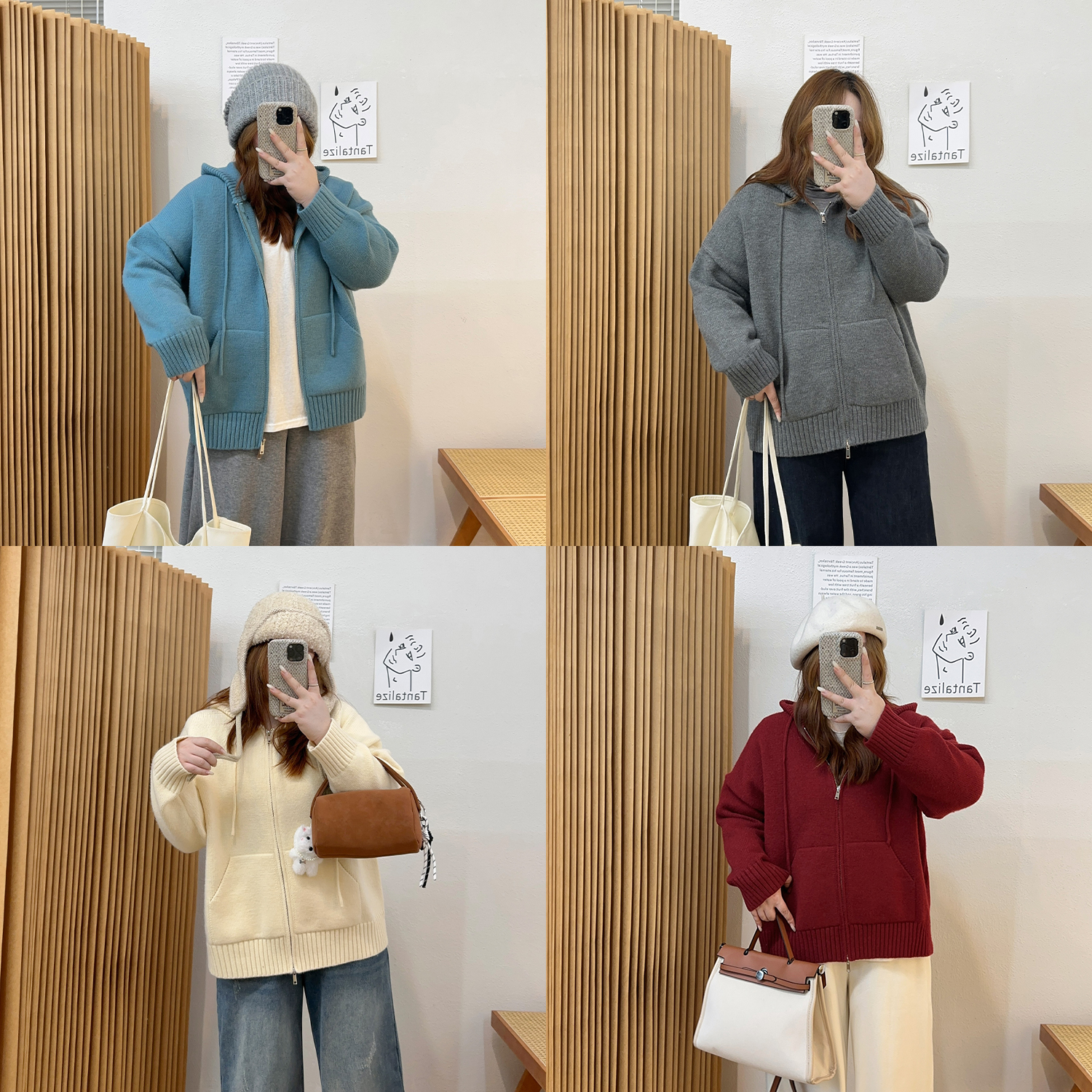 宛宛大码女装2025冬季新款胖mm设计感毛衣显瘦200斤连帽针织开衫