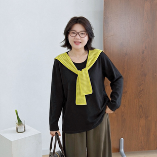 宛宛大码撞色条纹披肩长袖针织t恤女秋季新款微胖mm宽松显瘦上衣