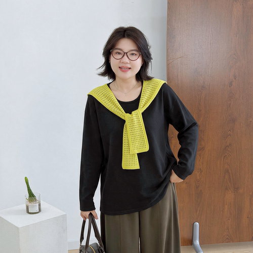 宛宛大码撞色条纹披肩长袖针织t恤女秋季新款微胖mm宽松显瘦上衣