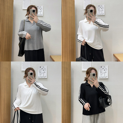 宛宛大码女装长袖T恤秋季宽松遮肚POLO领上衣胖MM慵懒风休闲体恤