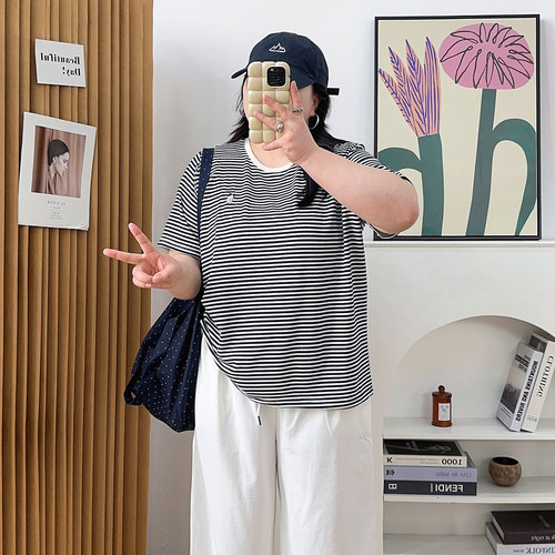 宛宛大码女装条纹上衣女针织衫2026夏款胖mm时尚宽松显瘦短袖t恤