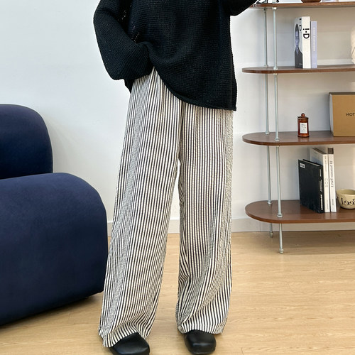 宛宛大码梨型身材条纹休闲裤早秋季胖mm设计感慵懒宽松遮胯阔腿裤