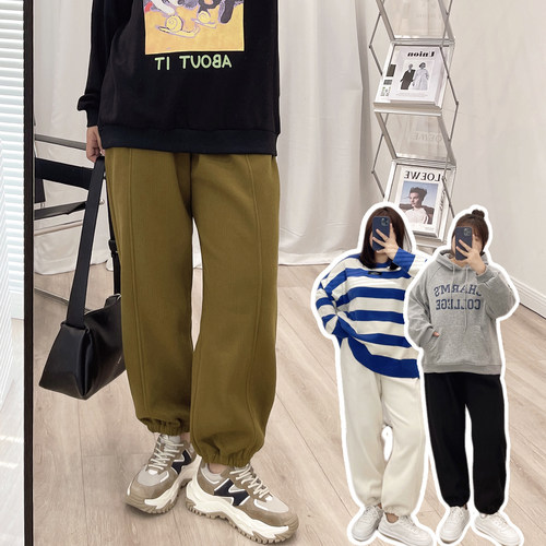 高腰运动裤雪尼尔显瘦束脚卫裤