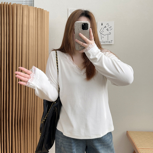 设计感内搭打底衫 T恤女春秋款 上衣 胖mm蕾丝拼接正肩长袖 宛宛大码