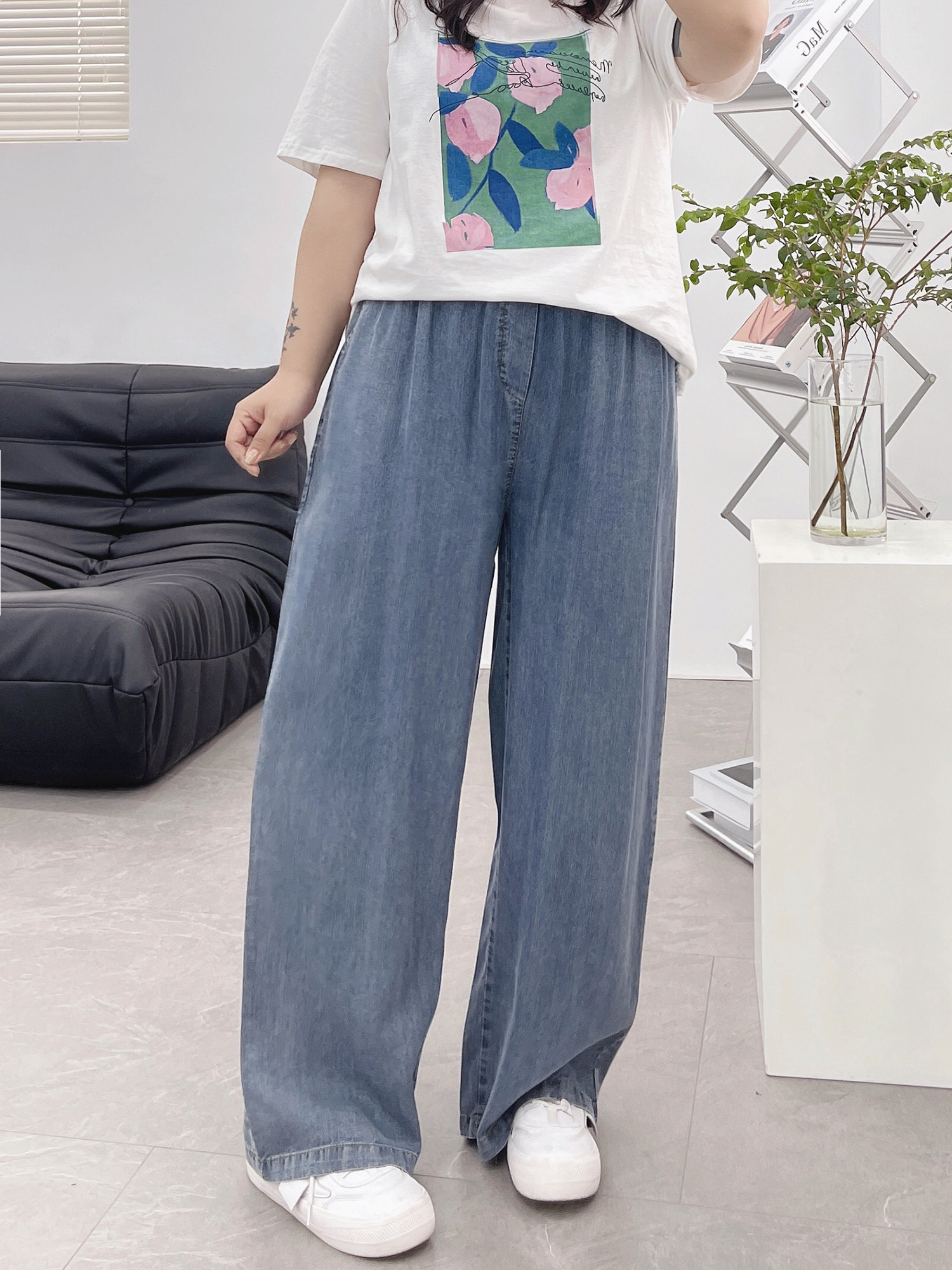 TENCEL JEANS WOMENS SUMMER THIN HIGH-WAIST FAT MM LARGE SIZE THIN ICE OXYGEN BAR DRAPED ICE SILK WIDE-LEG SLACKS