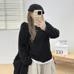 新款 t恤女秋季 假两件圆领打底胖MM遮肉显瘦上衣 休闲长袖 宛宛大码