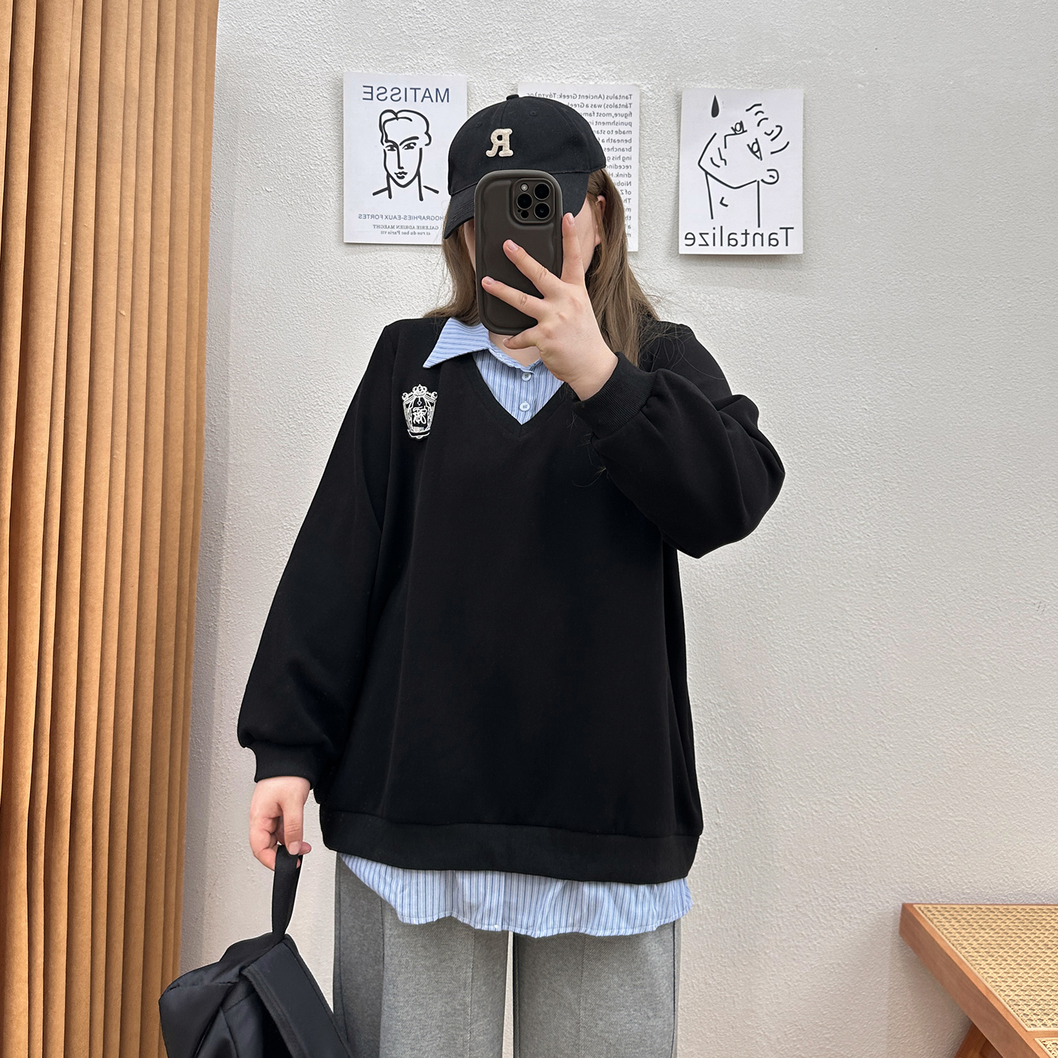 宛宛大码学院风假两件设计感小众衬衫卫衣女秋季新款胖mm宽松上衣
