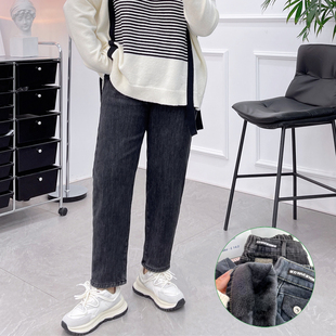 胖mm宽松显瘦春秋加绒哈伦裤 秋冬2022年新款 女大码 高腰老爹牛仔裤