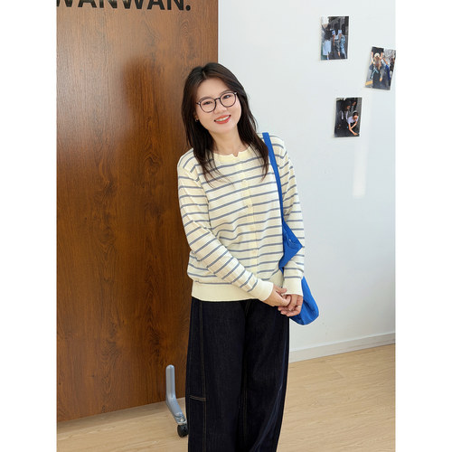 宛宛大码韩版休闲风条纹针织长袖开衫女秋季胖mm宽松百搭显瘦上衣