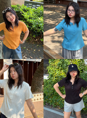 宛宛大码胖mm韩版简约纽扣半开领提花T恤女夏季新款休闲遮肉上衣