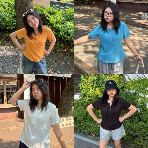 宛宛大码胖mm韩版简约纽扣半开领提花T恤女夏季新款休闲遮肉上衣