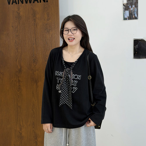 宛宛大码女装胖mm韩系休闲卡通印花波点领带早秋新款上衣长袖T恤