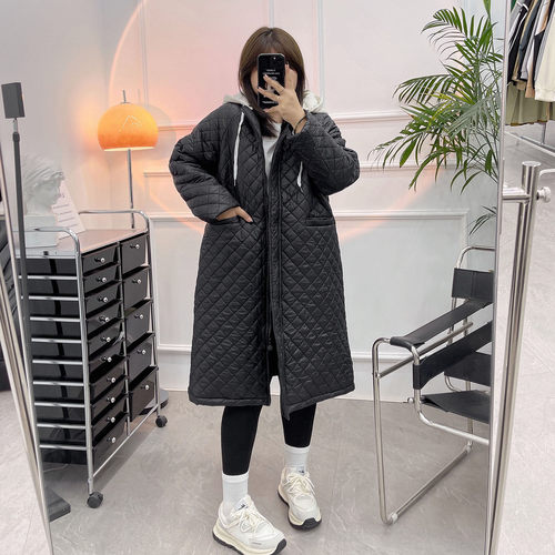 长款连帽拼色羽绒棉服外套