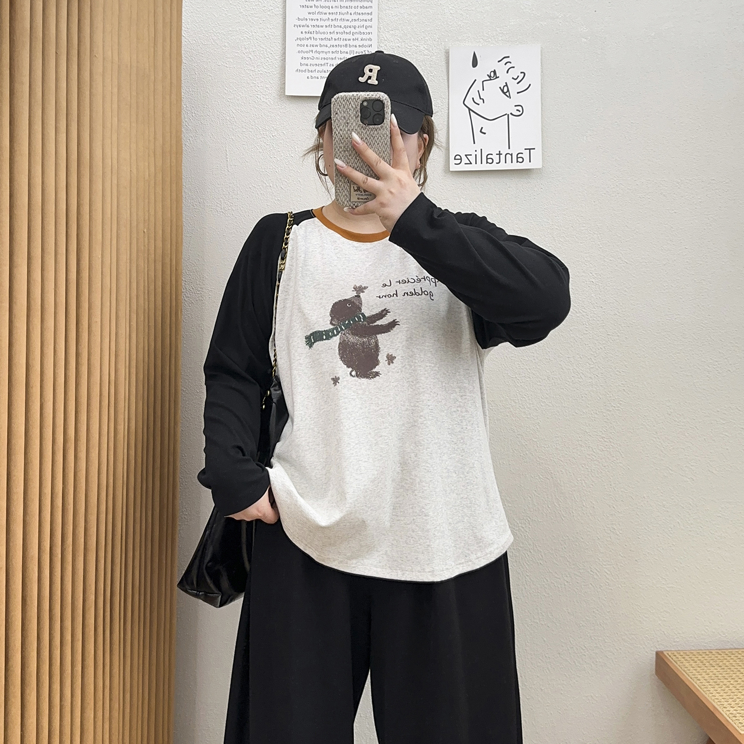 撞色插肩袖休闲百搭印花长袖T恤