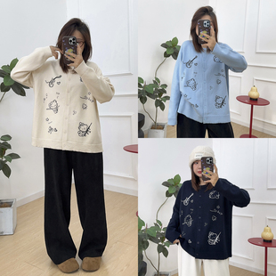 宽松显瘦慵懒风百搭毛衣外套 女秋季 宛宛大码 韩系卡通刺绣针织开衫