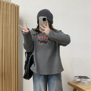 新款 宛宛大码 T恤秋季 抓绒字母印花长袖 胖mm宽松显瘦正肩上衣 女装