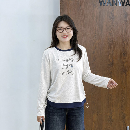 宛宛大码显春秋季两件长袖T恤女撞色上衣胖MM宽松正肩抽绳打底衫