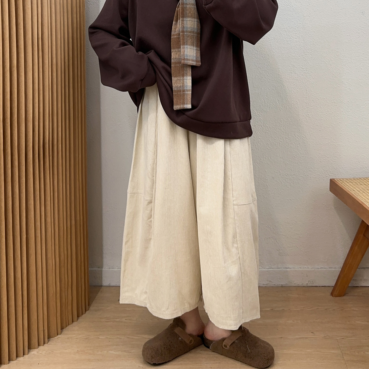 宛宛大码女装宽松条绒八分裤女2025秋冬新款胖mm小个子休闲阔腿裤