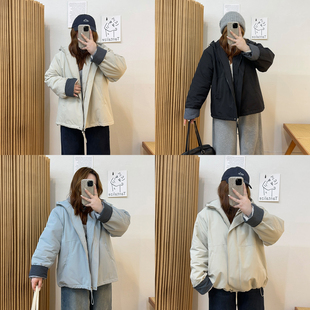 胖mm宽松显瘦保暖上衣 撞色格纹拼接连帽棉服外套冬季 宛宛大码 女装