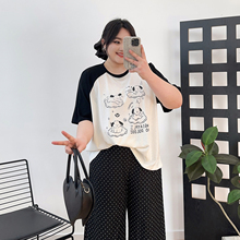 加大码女装200斤夏季美式卡通复古短袖t恤胖mm插肩袖拼接宽松上衣