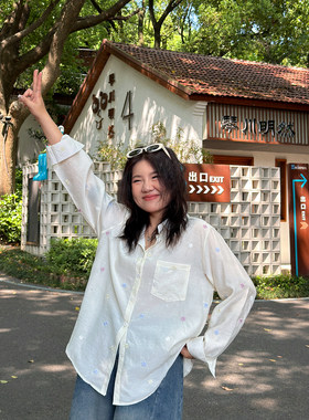 宛宛大码女装刺绣防晒衬衫外套超薄夏季新款胖mm开衫宽松衬衣上衣