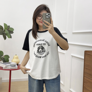 胖mm显瘦宽松遮肉卡通设计感小众上衣 T恤女夏季 宛宛大码 撞色短袖