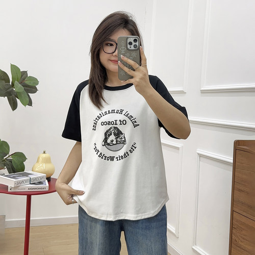 宛宛家插肩袖撞色百搭短袖T恤