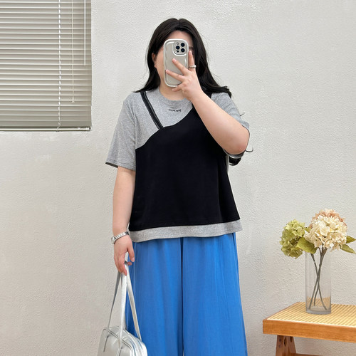 宛宛大码胖MM假两件拼色T恤女夏短袖显瘦遮肉撞色设计休闲百搭潮
