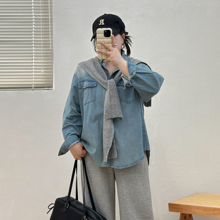 衬衫 百搭宽松显瘦长袖 叠穿衬衣 胖mm复古牛仔外套秋冬新款 宛宛大码