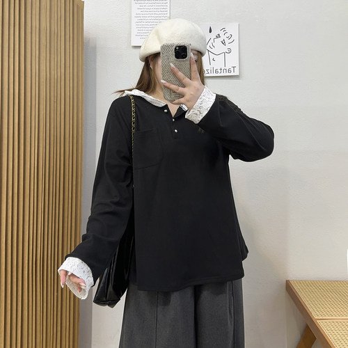 德绒蕾丝拼接连帽打底T恤