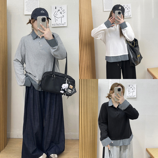 显瘦上衣打底 T恤女秋修身 宛宛大码 胖mm格纹拼接polo领假两件长袖