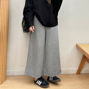 女装 宽松遮胯显瘦九分直筒休闲裤 胖mm韩版 秋季 花边阔腿裤 宛宛大码