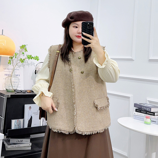 秋冬大码 显瘦遮肉气质小香风上衣胖mm高级感流苏毛边马甲外套女