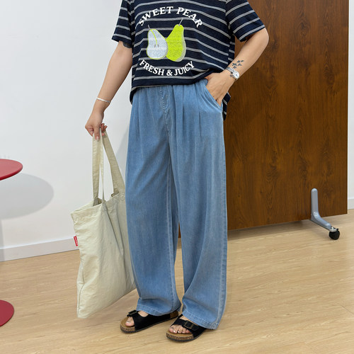 宛宛大码直筒牛仔裤女夏季薄款宽松胖mm松紧腰小个子冰丝阔腿裤子