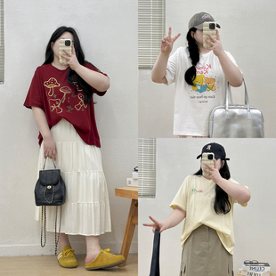 宛宛大码 设计感遮肚显瘦百搭上衣 胖mm韩系圆领正肩短袖 T恤女夏季