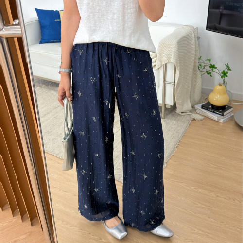 宛宛大码胖MM藏青色烫钻阔腿裤女垂感宽松慵懒老钱风直筒亚麻裤子