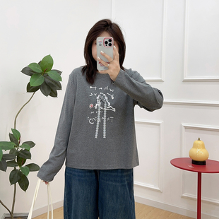 新款 T恤女2025秋季 显瘦胖妹妹上衣 蕾丝卡通字母印花长袖 宛宛大码