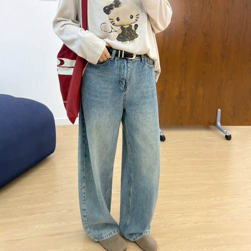 宛宛大码美式阔腿牛仔裤女秋季微胖mm宽松直筒裤垂感显瘦拖地裤子