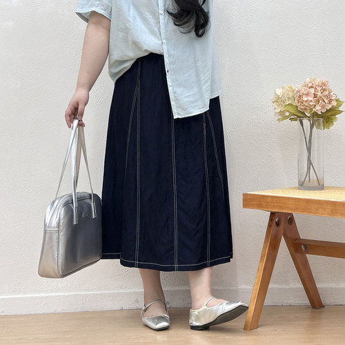 高腰松紧明线牛仔半身裙