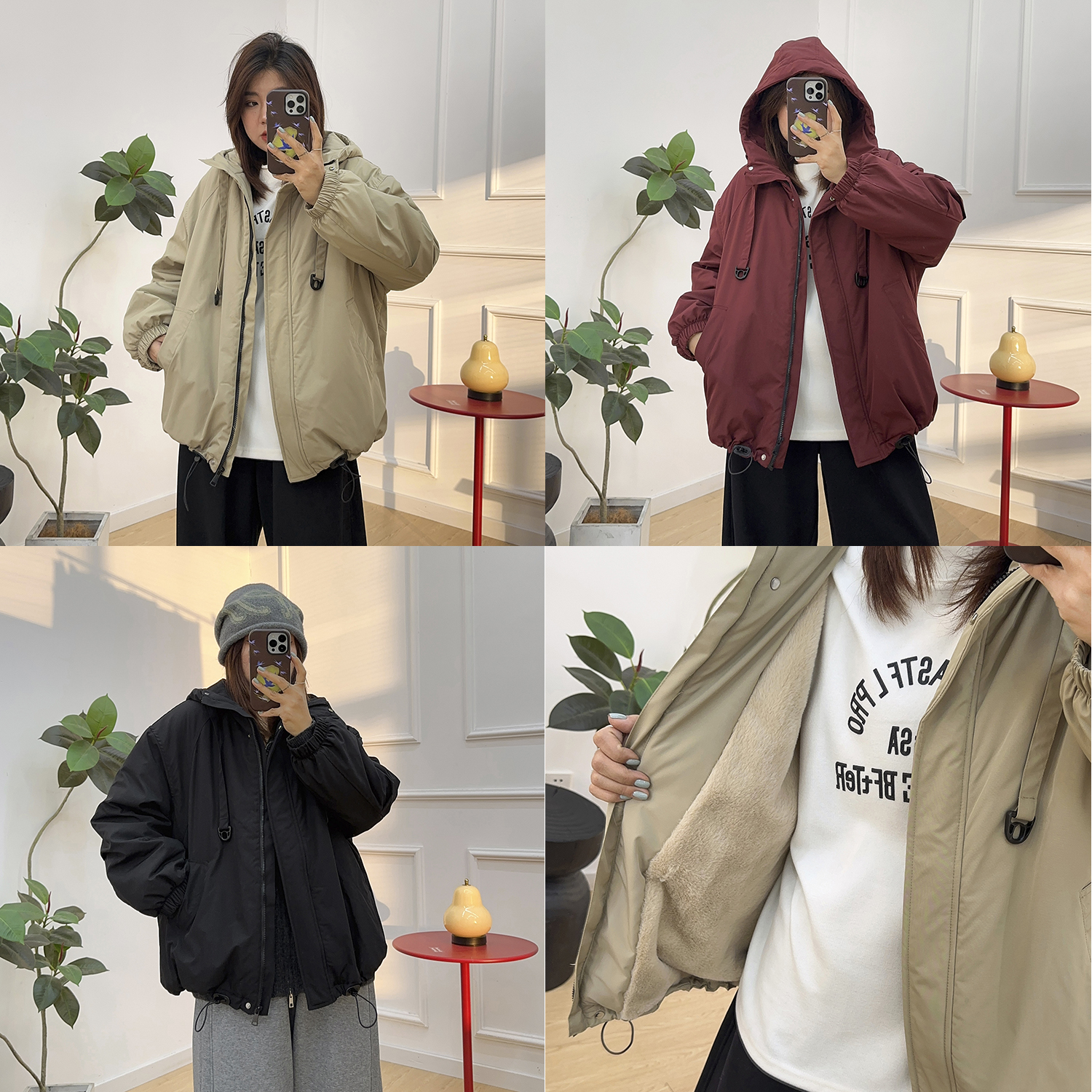 连帽加绒加厚宽松棉服外套