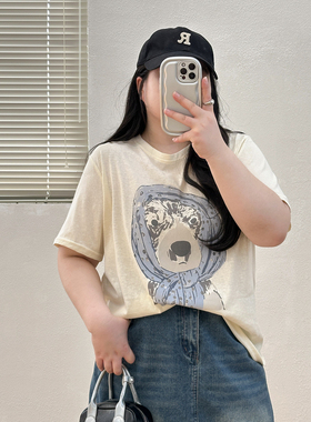 胖mm大码200斤白色雪花棉短袖t恤女夏卡通高级感大版宽松半袖上衣