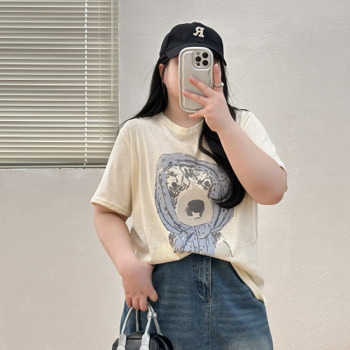 胖mm大码200斤白色雪花棉短袖t恤女夏卡通高级感大版宽松半袖上衣